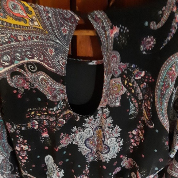 Express Womens Size M Drop Waist Dress Lined Scoop Neck 3/4 Sleeve Black/Paisley - Picture 4 of 10